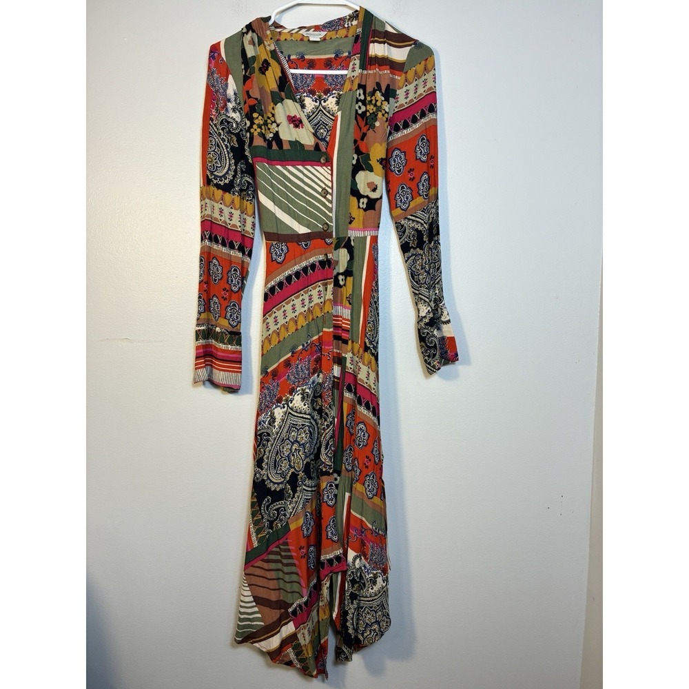Monsoon Patchwork Printed Midi Dress Sz 4 Boho Handkerchief Hem Button Up Dress
